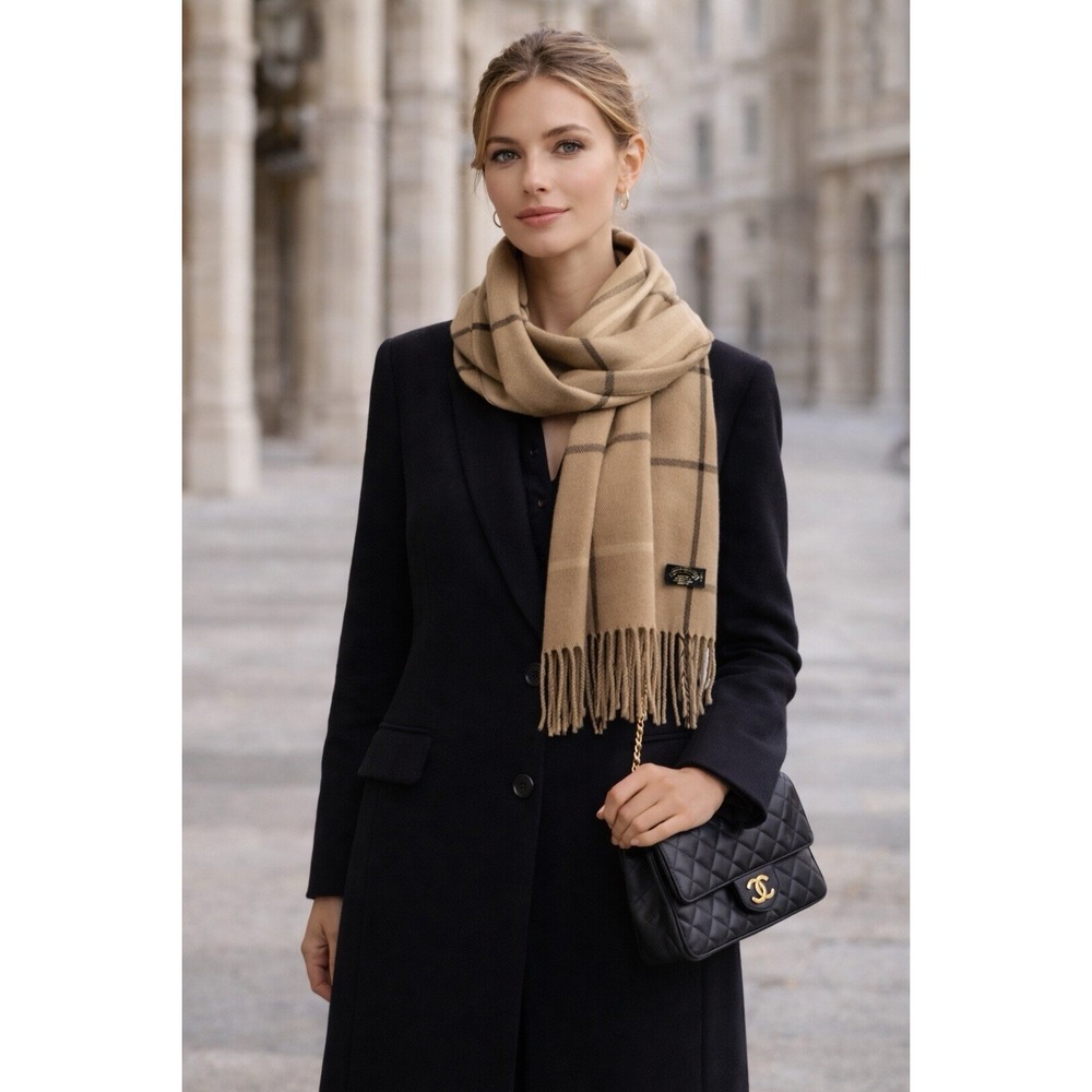 Tan Plaid  Italian Scarf Minimalist Quiet Luxury Clean Girl Old Money Chic